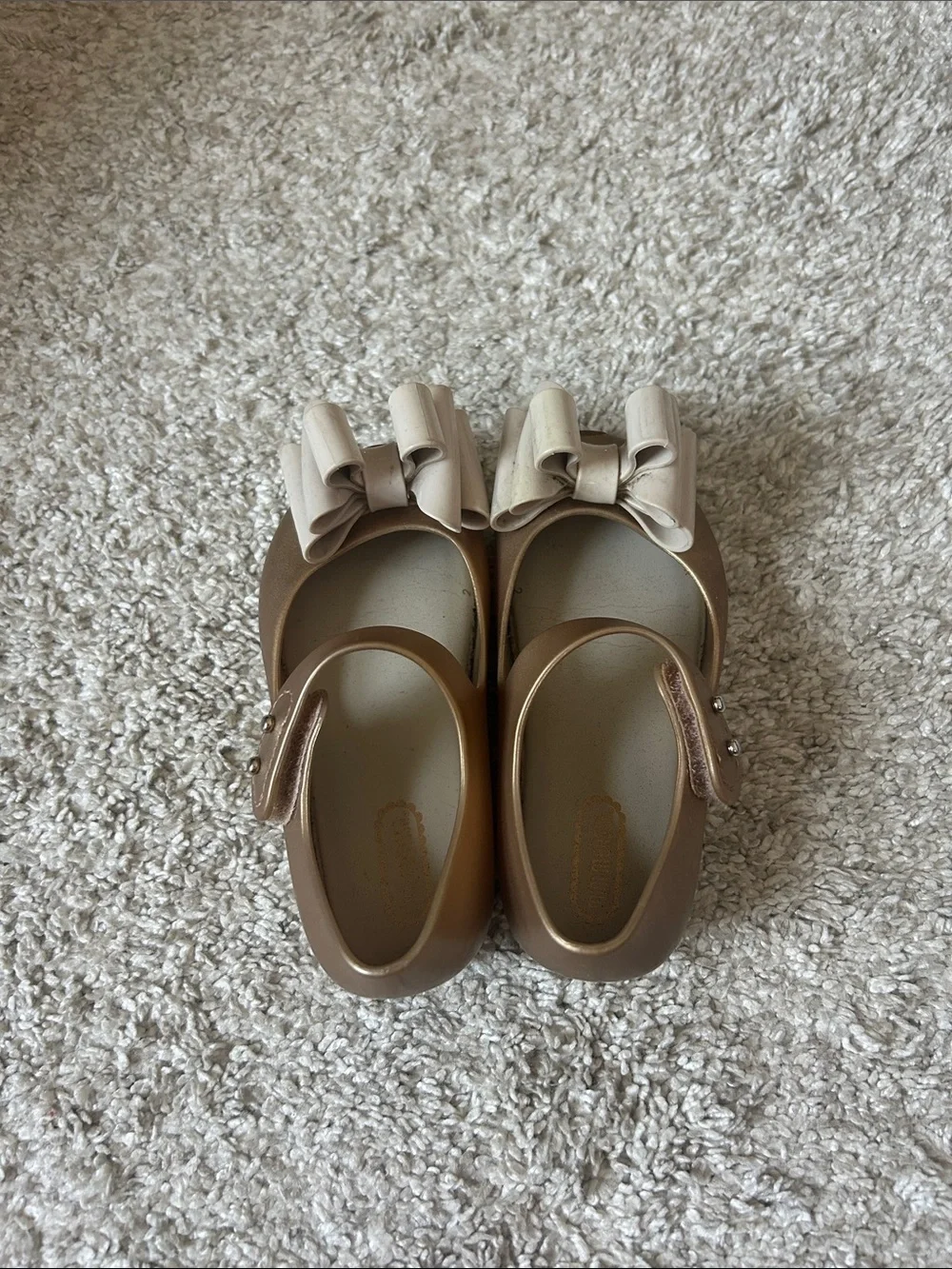 Mini Melissa Metallic Gold Mary Jane Shoes with Cream Bows